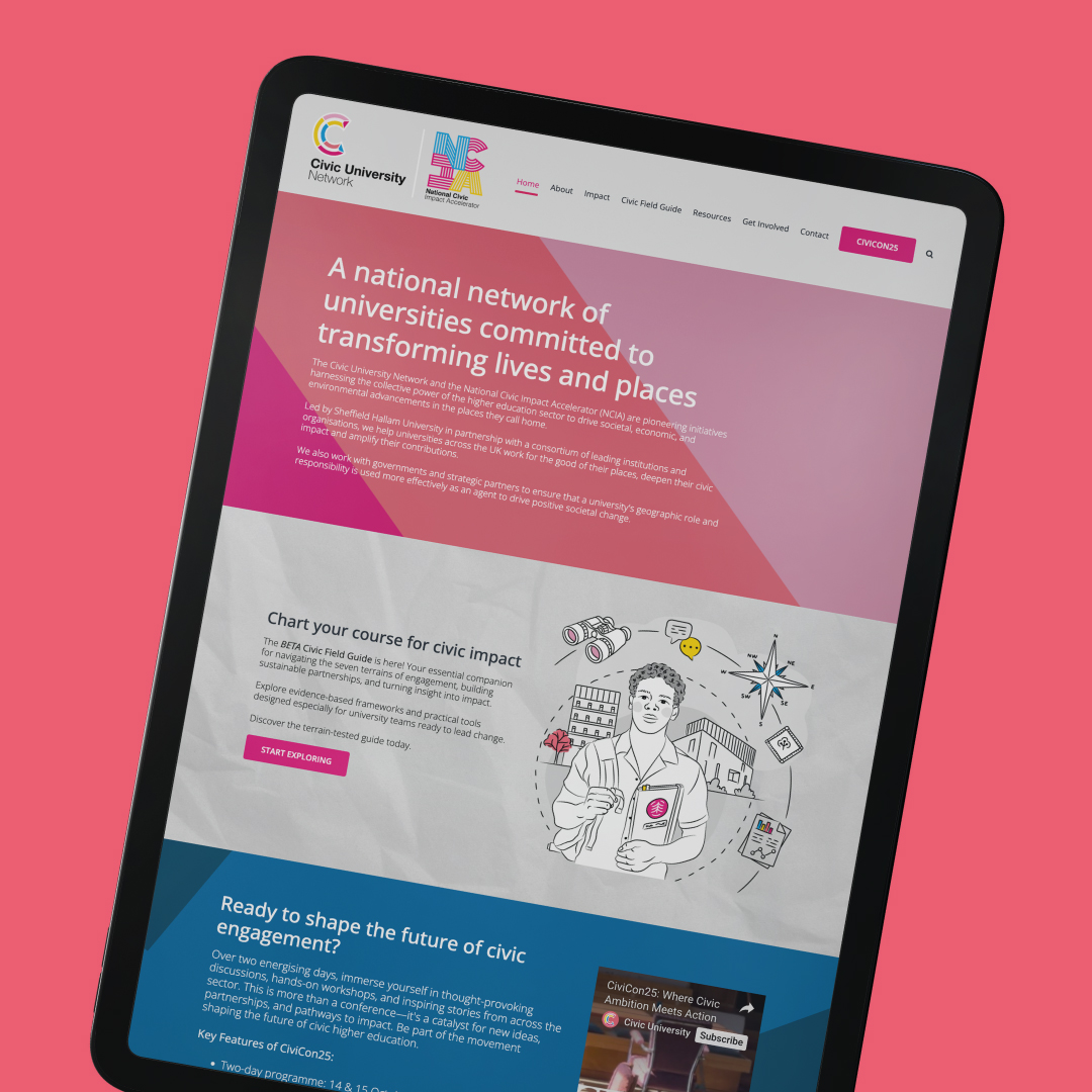 Sheffield Hallam NCIA Field Guide. Civic engagement. Website design. Illustration and branding. Higher education graphic design.