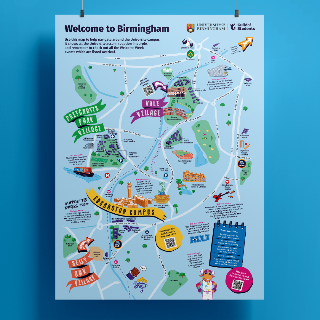 Illustrated map design, Birmingham guild of students. Students' union map. Welcome Week. Graphic design. 