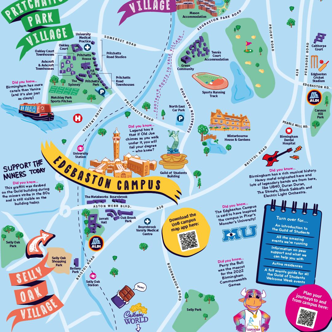 Illustrated map design, Birmingham guild of students. Students' union map. Welcome Week. Graphic design. 